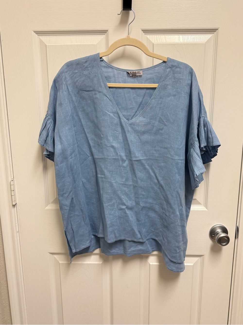Tutu & Lilli Light Blue V-Neck Ruffle Sleeve Linen Blouse